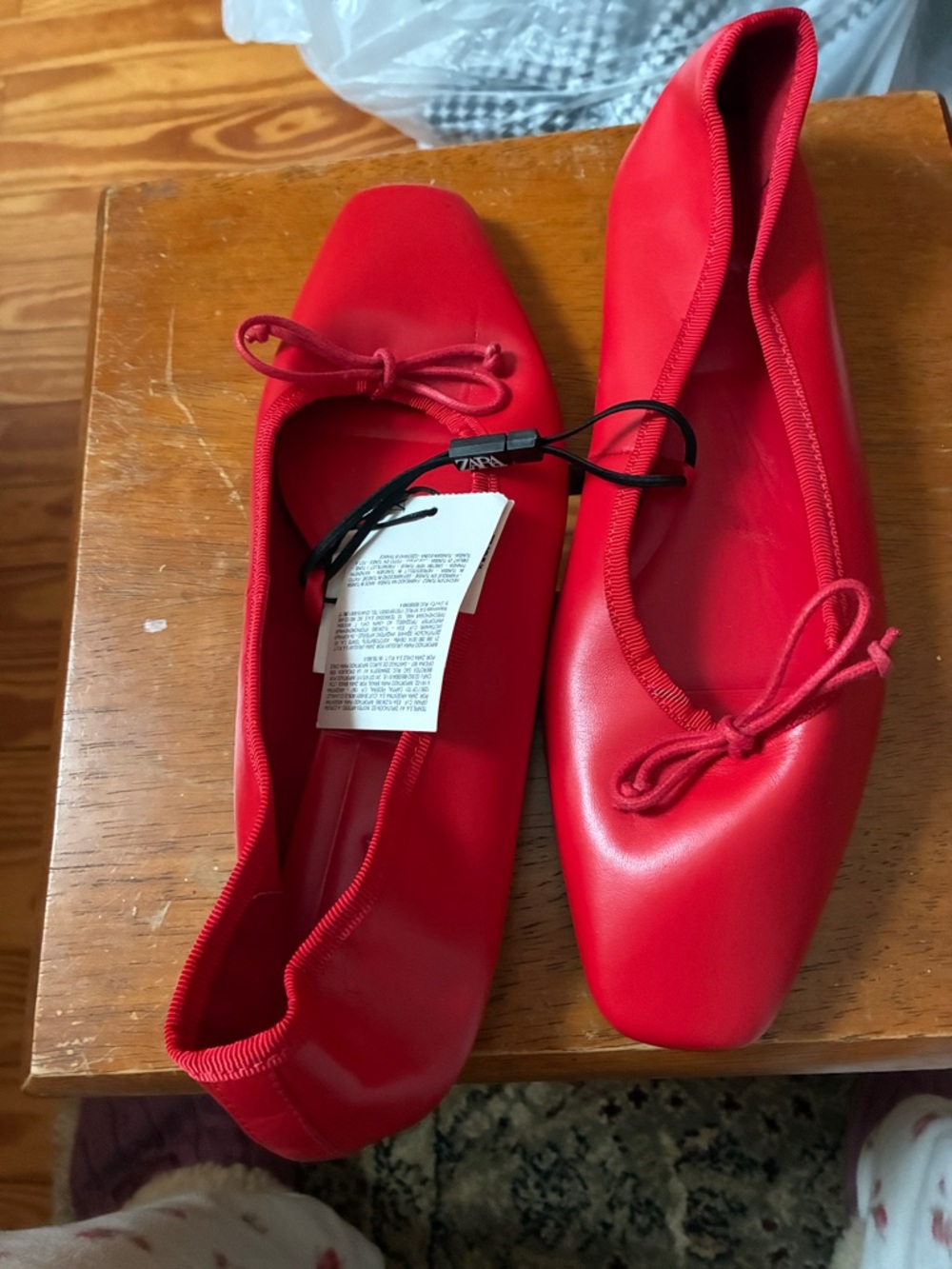 Zara Red Square-Toe Ballet Flats with Bow real leather beautiful shoes